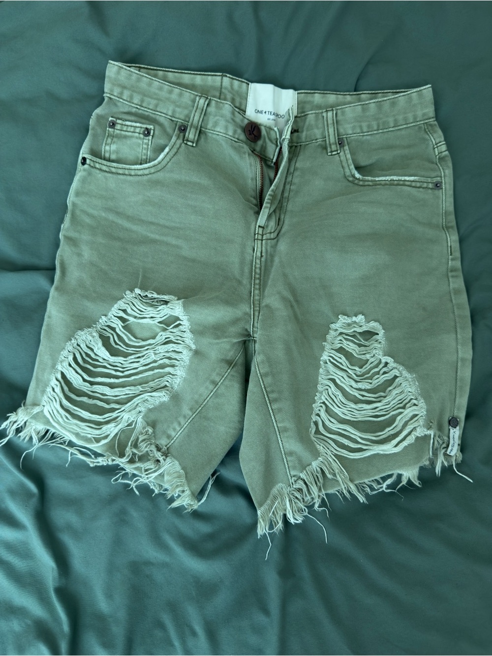 One Teaspoon Olive Green Ripped Mid-Rise Jean Shorts